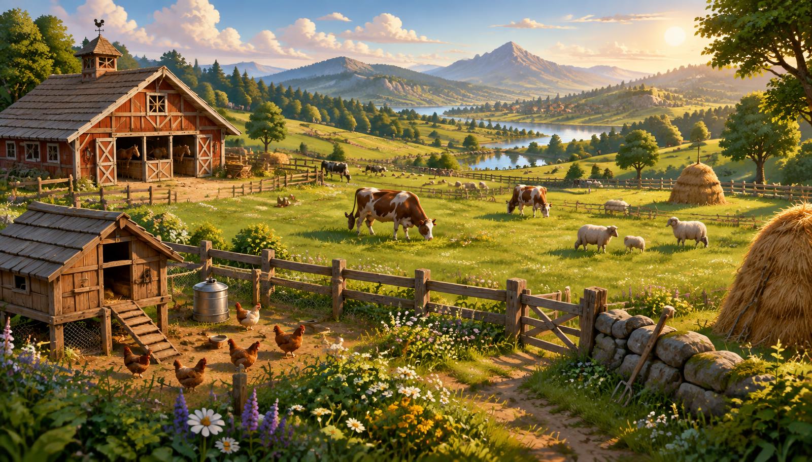 Farm animals at their barns
